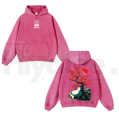 Japanese Red Plum Blossoms & Plump Beast Hoodie – Ink-Wash Art, Y2K Vintage Washed
