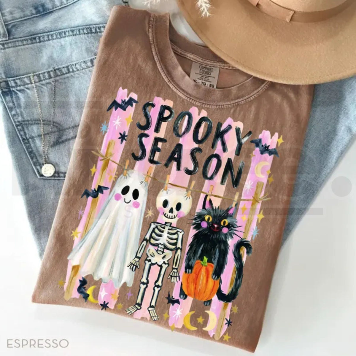 Preppy Spooky Season Shirt Coquette Skeleton Black Cat Ghost Halloween Tee