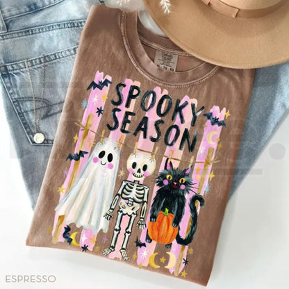 Preppy Spooky Season Shirt Coquette Skeleton Black Cat Ghost Halloween Tee