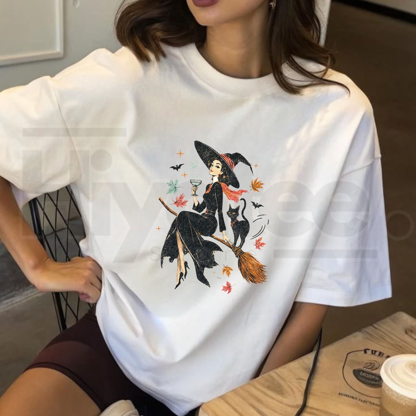 Vintage Witch Cat Ringer Tee Retro Salem Halloween Spooky Pumpkin Shirt