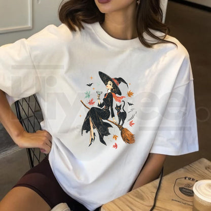 Vintage Witch Cat Ringer Tee Retro Salem Halloween Spooky Pumpkin Shirt