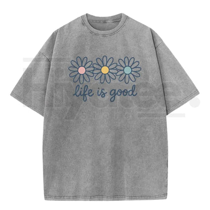 Holafish Acid Wash Daisy Print T-Shirt – Vintage Streetwear Drop Shoulder Graphic Tee