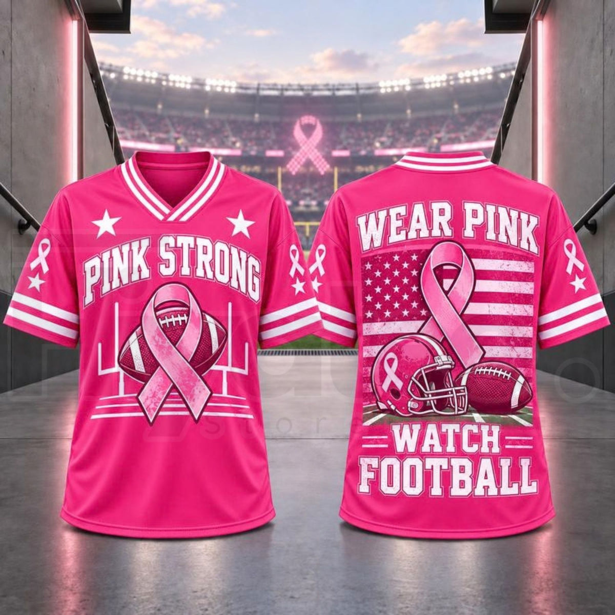 Breast Cancer Awareness Football Jersey – Pink Ribbon V-Neck Game Day Top