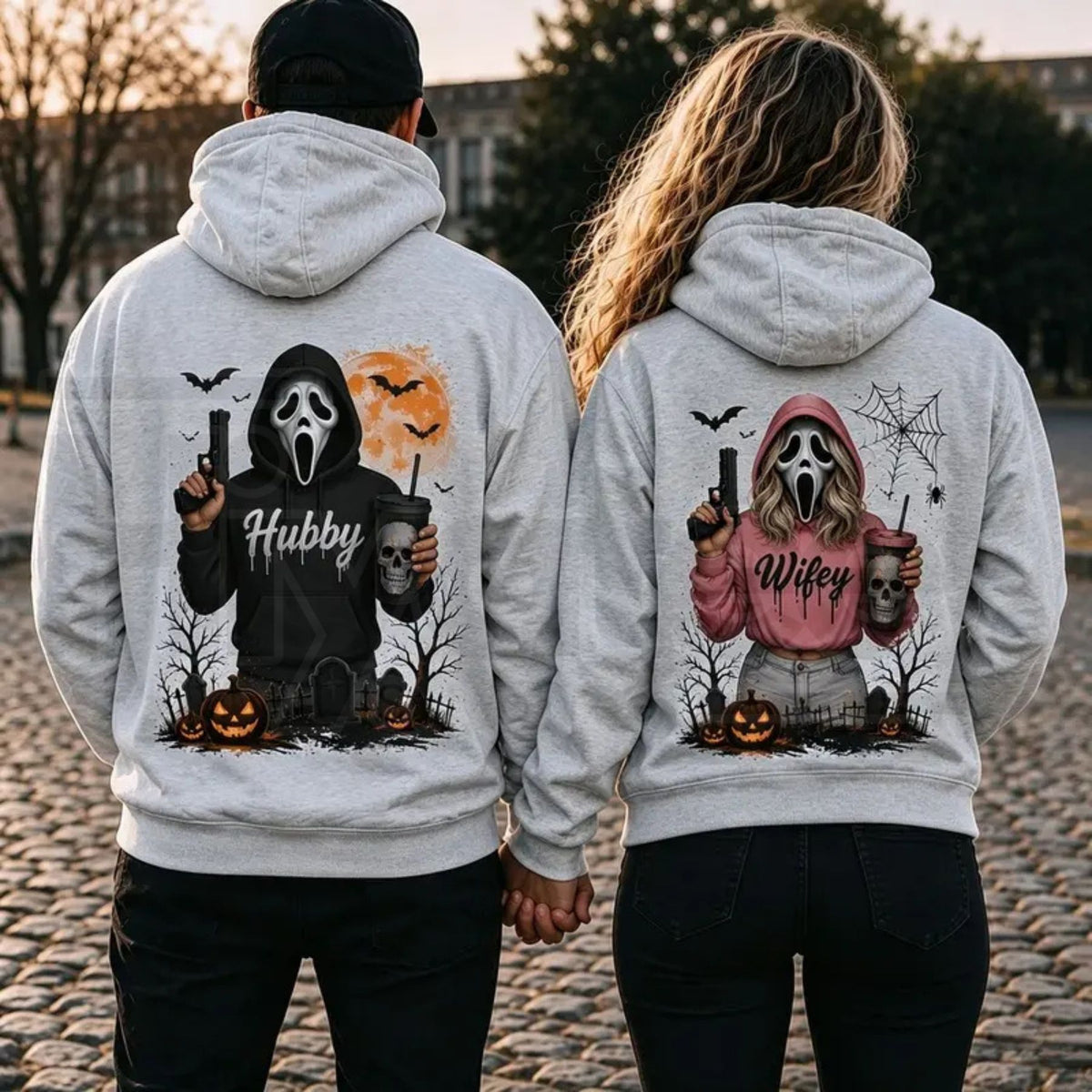 Hubby Wifey Halloween Spooky Season Couple Matching Hoodies – Casual Street Style Fleece Pullover