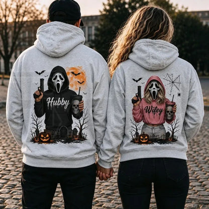 Hubby Wifey Halloween Spooky Season Couple Matching Hoodies – Casual Street Style Fleece Pullover