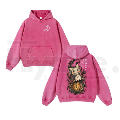 Mimikyu Japanese Ink-Wash Hoodie – Vintage Washed Yokai Graphic