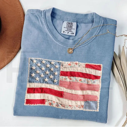 Comfort Colors® Retro American Flag Shirt – Faux Patchwork USA Patriotic Tee