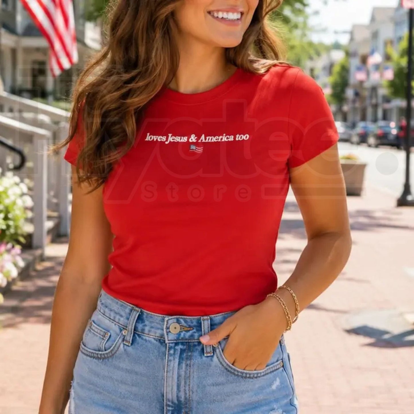 Faith & Freedom Baby Tee – Women's Patriotic Christian Graphic Shirt, Embroidered Jesus & America Fitted Crewneck