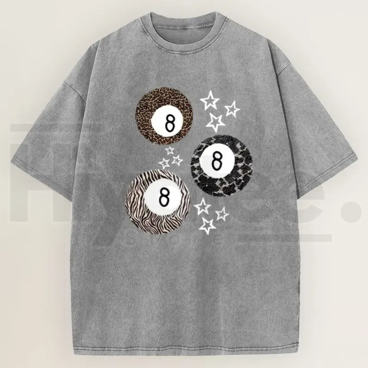 Women's Acid Wash 8 Ball Leopard & Stars Graphic T-Shirt – Retro Streetwear Cotton Tee