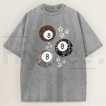 Women's Acid Wash 8 Ball Leopard & Stars Graphic T-Shirt – Retro Streetwear Cotton Tee