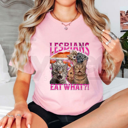 Lesbians Eat What T-Shirt – Funny Cat Gay Pride Pun Tee