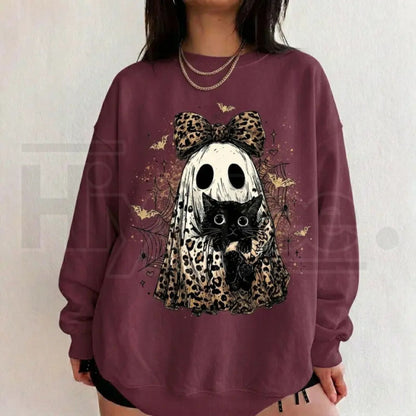 Leopard Ghost Cat Halloween Sweatshirt – Cute Spooky Black Cat Graphic Shirt, Coquette Bow Ghost Fall Outfit