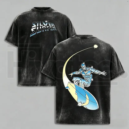 Silver Surfer Graphic T-Shirt – Unisex Acid Washed Oversized Cotton Streetwear Comic Tee