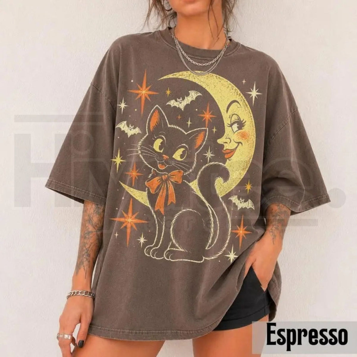 Vintage Black Cat Moon Halloween Tee