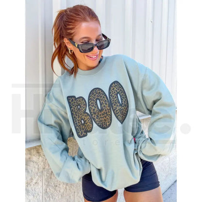 Cheetah Boo Sweatshirt – Cute Leopard Print Ghost Halloween Graphic Crewneck, Cozy Fall Sand Pullover