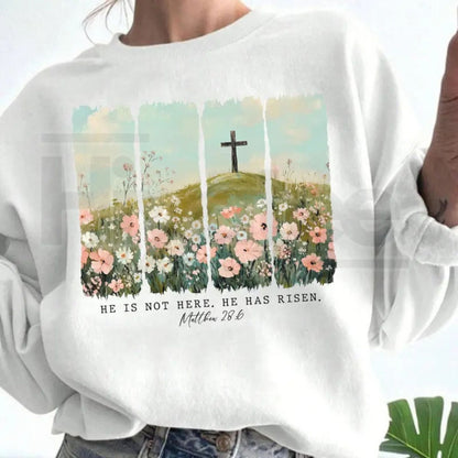 He Is Risen Wildflower Crewneck: Aesthetic Boho Christian Easter Sweatshirt