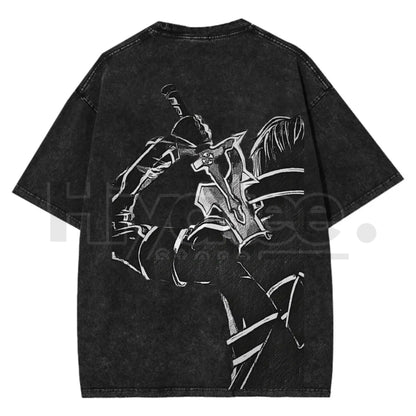 Sword Art Online Kirito B&W T-Shirt – Oversized Acid Wash Anime Tee, Y2K Japanese Manga Streetwear