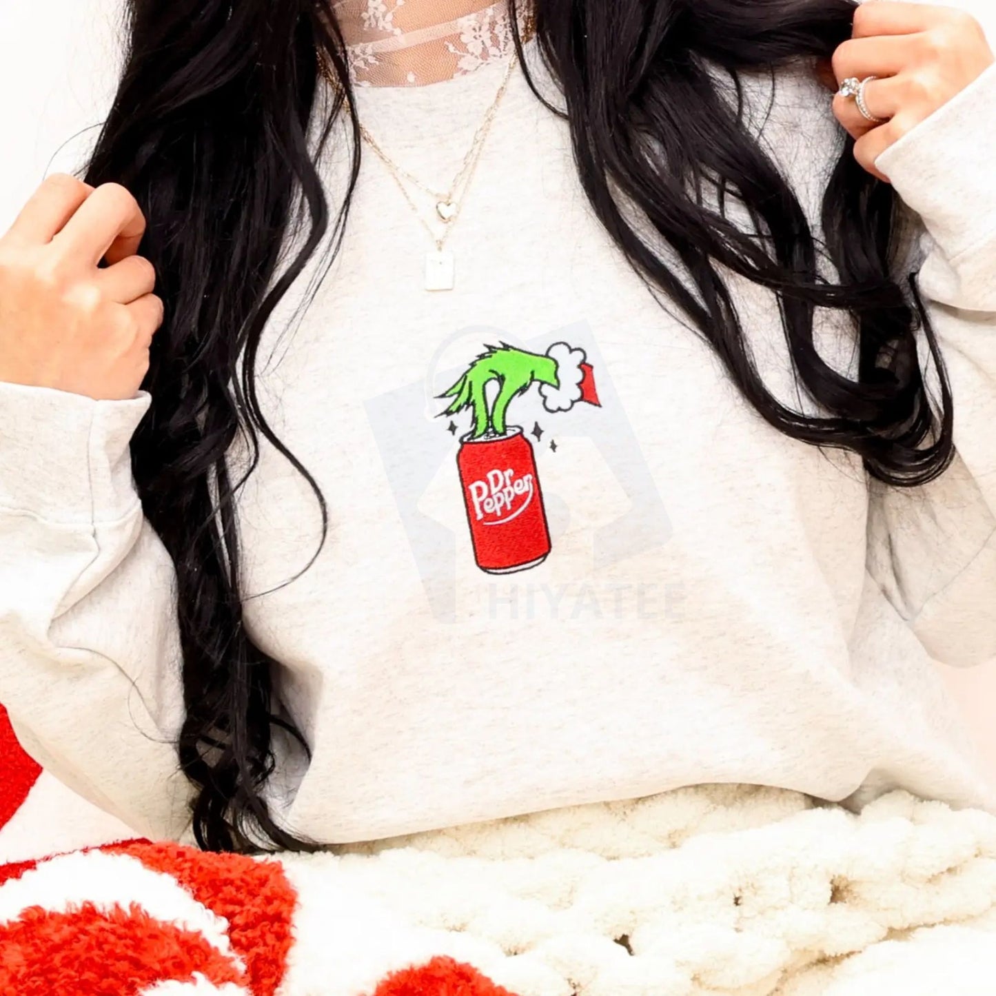 Christmas Drink Embroidered Sweatshirt – Classic Holiday Crewneck, Soft Unisex Light Green