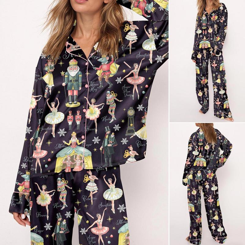 Nutcracker Ballet Christmas Satin Pajama Set For Women Print Comfy Satin Sleepwear & Loungewear Pjs Printing Silky Top & Bottoms