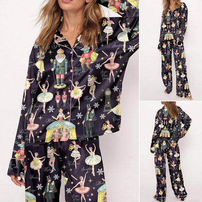 Nutcracker Ballet Christmas Satin Pajama Set For Women Print Comfy Satin Sleepwear & Loungewear Pjs Printing Silky Top & Bottoms