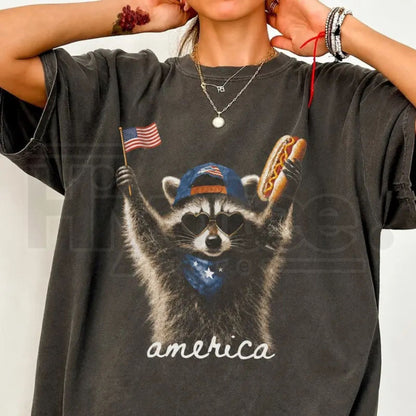 Comfort Colors Feral and Free Raccoon Shirt – Funny Patriotic 4th of July Tee, Retro American Freedom Gift