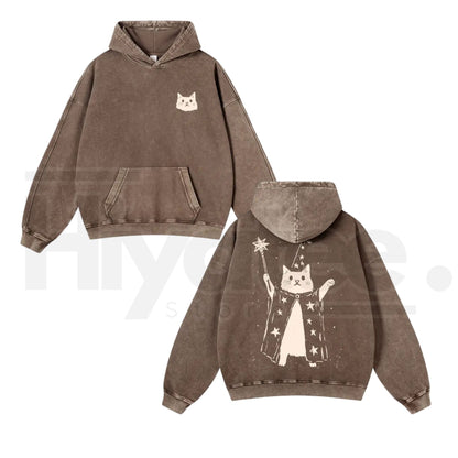 Wizard Cat Graphic Vintage Washed Hoodie – 380g Thick Cotton Blend, Oversize Unisex Pullover