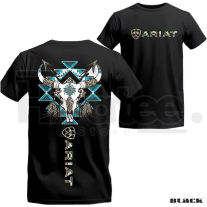 "Ariat Tribal Skull" – Western Bull Skull & Blue Aztec Graphic Top