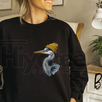 Retro 90s Great Blue Heron In Beanie Sweatshirt, Vintage Birdwatching Graphic Pullover
