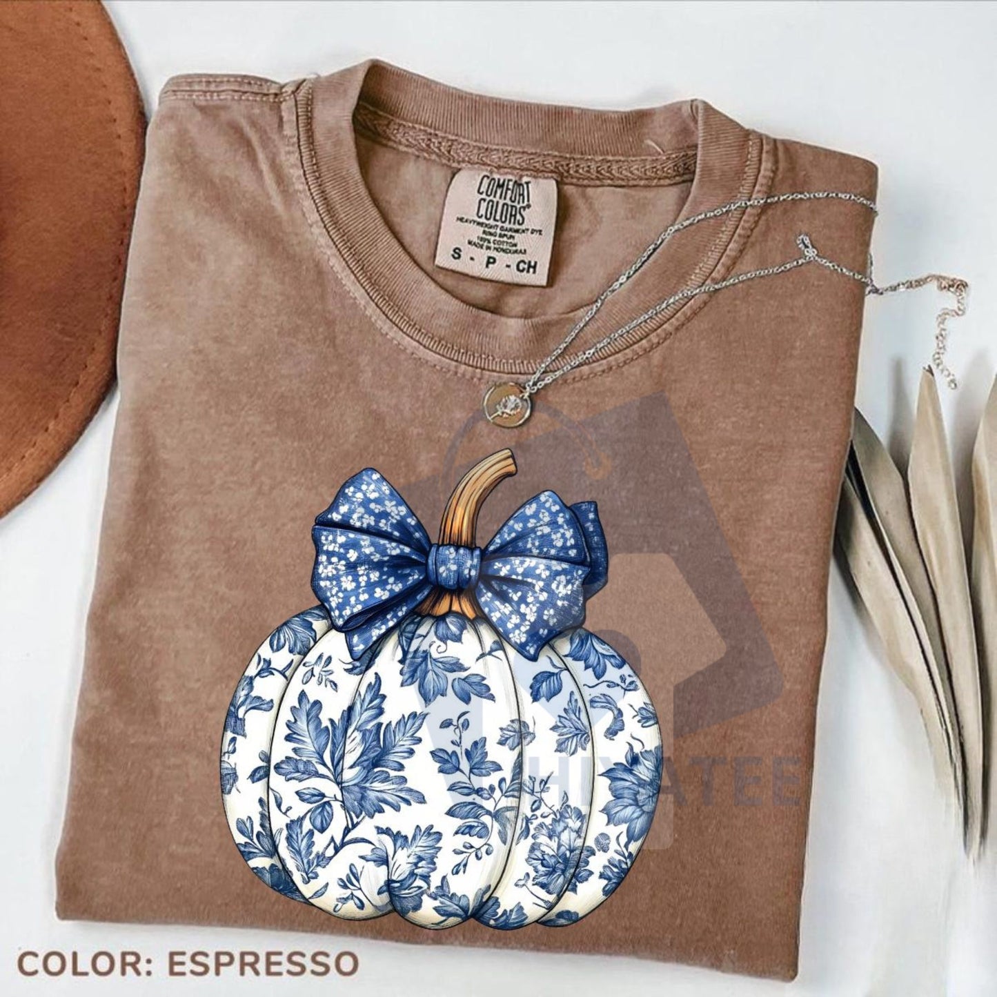 Comfort Colors Chinoiserie Pumpkin Shirt – Blue Floral Pumpkin Tee, Coquette Halloween & Thanksgiving Top, Women's Fall Crewneck
