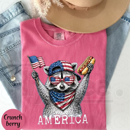 Comfort Colors America Raccoon Hot Dog Shirt – Kids and Women Retro 4th of July Patriotic Animal T-Shirt