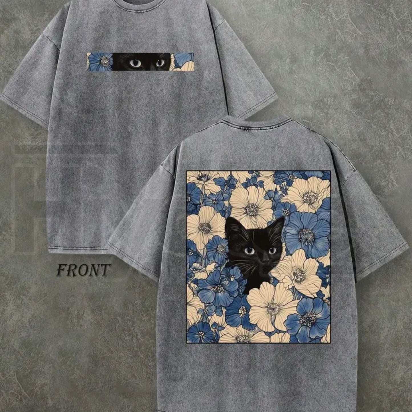 "Cat in the Flowers" Double-Sided T-Shirt – Vintage Washed 230gsm Heavyweight Streetwear