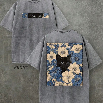 "Cat in the Flowers" Double-Sided T-Shirt – Vintage Washed 230gsm Heavyweight Streetwear