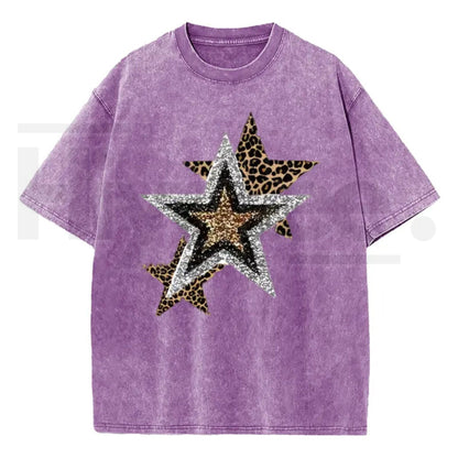 Holafish Outing Street Tee – Acid Wash Leopard Star Graphic Unisex T-Shirt