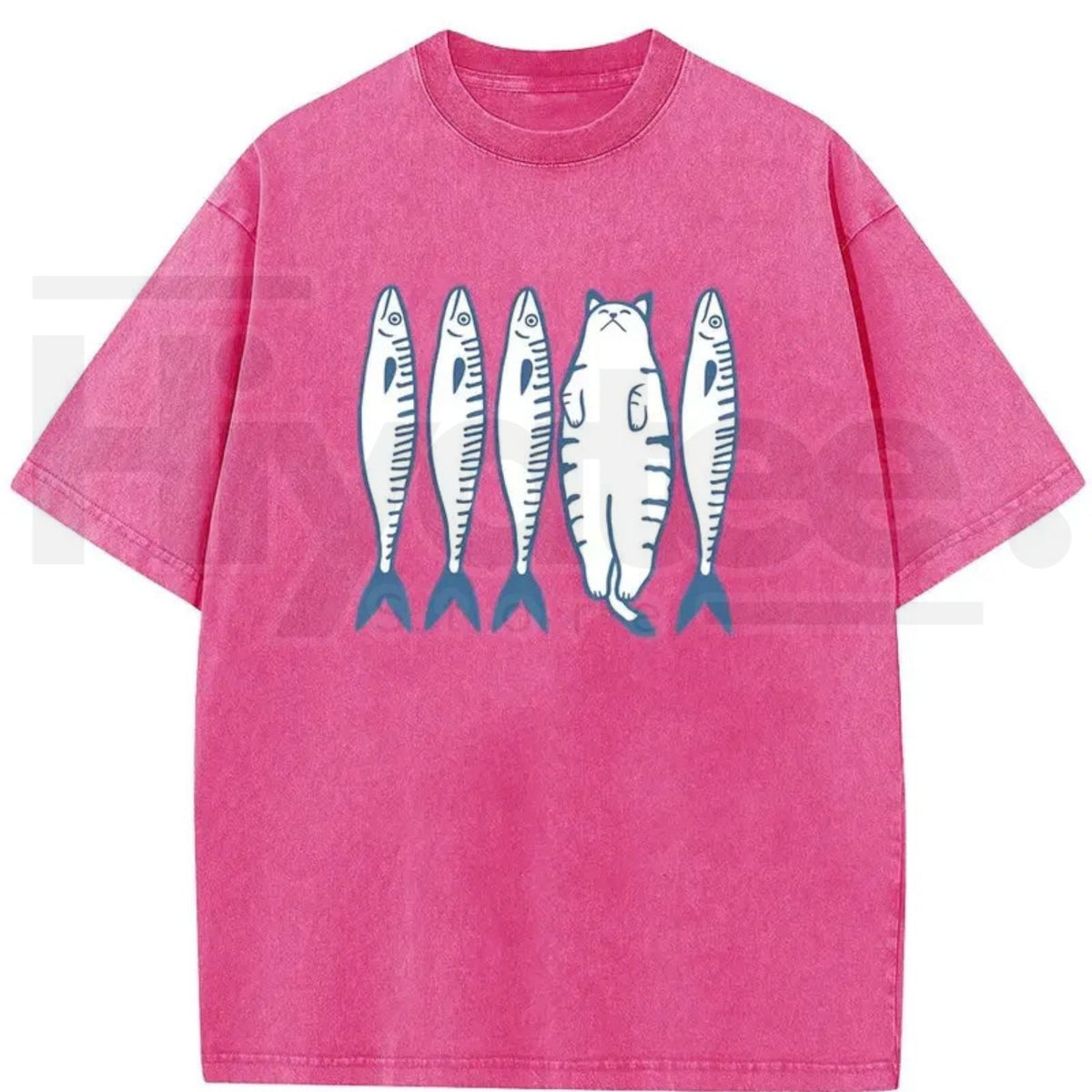 Holafish Cat & Fish Cartoon Vintage Acid Wash T-Shirt – Loose Drop Shoulder Pure Cotton Summer Tee