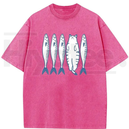 Holafish Cat & Fish Cartoon Vintage Acid Wash T-Shirt – Loose Drop Shoulder Pure Cotton Summer Tee