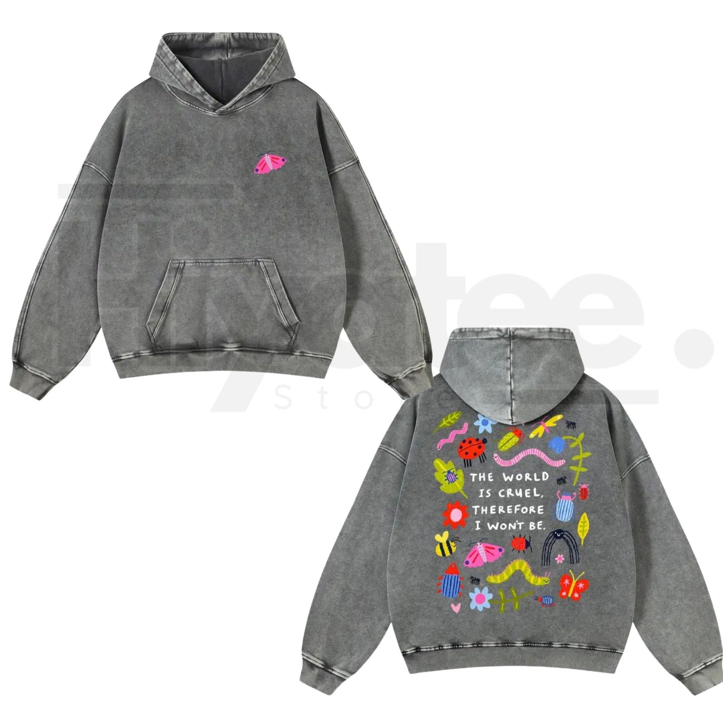 Cute Bug Print Washed Hoodie – "The World Is Cruel" Slogan, Vintage 380g Heavyweight Graphic Sweatshirt