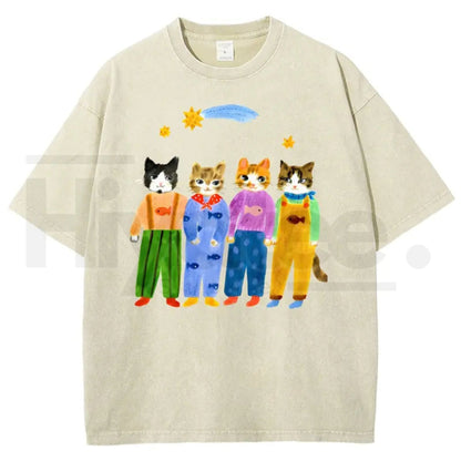 Retro "Cats In Overalls" Vintage Graphic T-Shirt – Hand-Painted Style 90s Streetwear