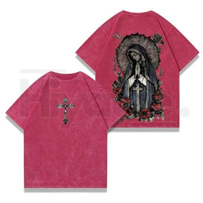 Virgin Mary Graphic T-Shirt – Washed Black Heavy Cotton Gothic Streetwear Tee