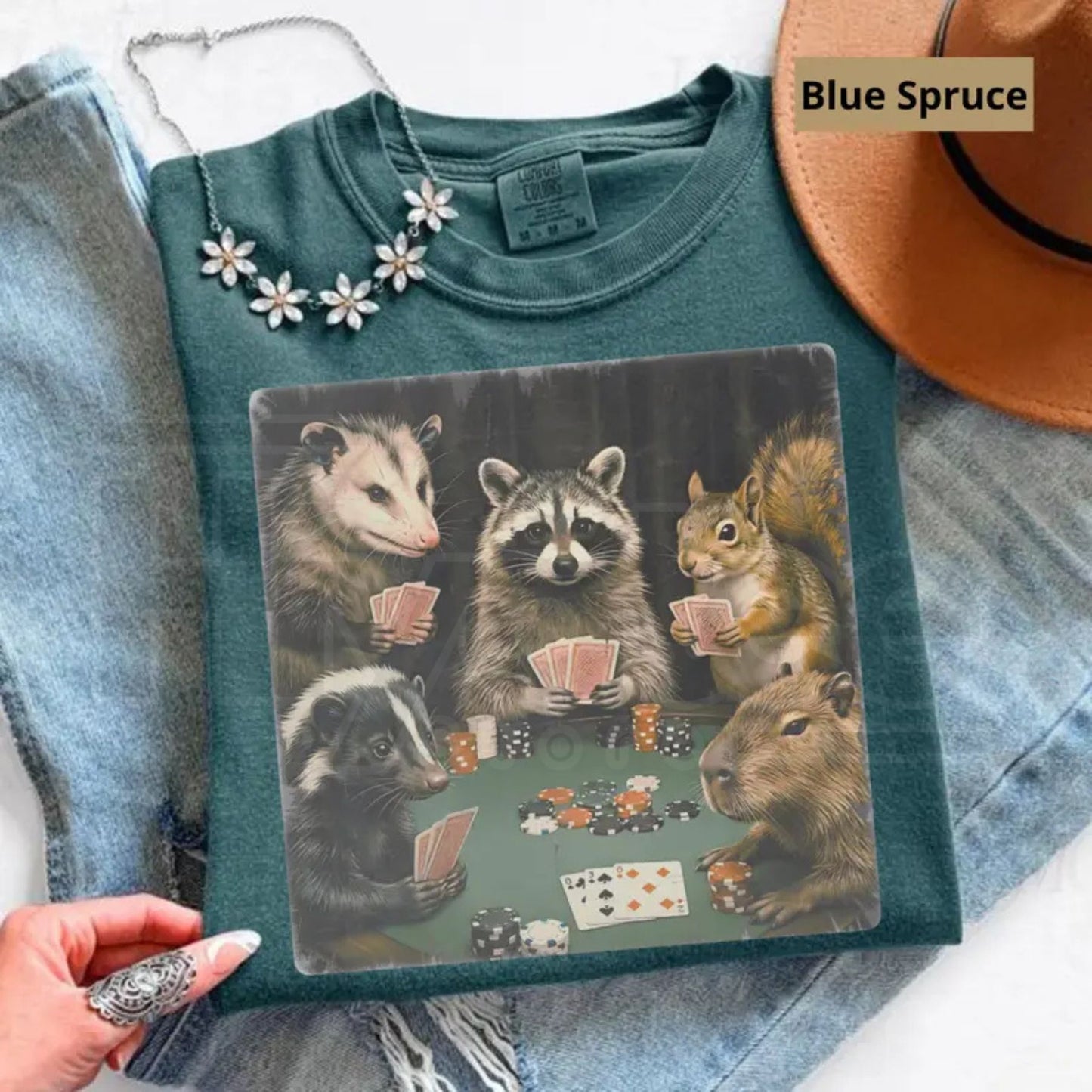 Comfort Colors Animals Playing Poker T-Shirt – Funny Meme Tee, Raccoon Opossum Capybara Graphic Shirt
