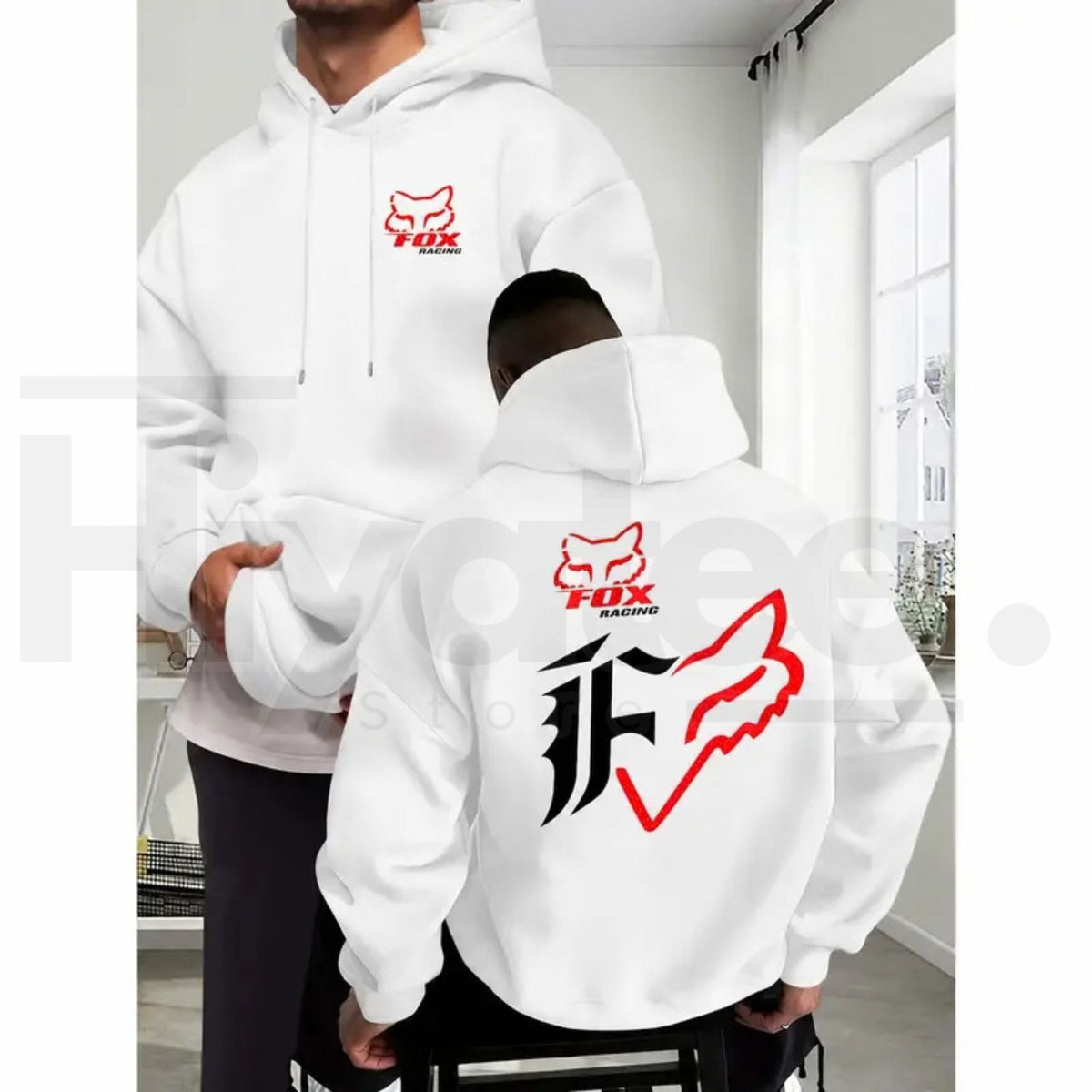 Men's Fleece Baggy Motorcycle Fox Print Hoodie – Dual-Sided Casual Long Sleeve Streetwear Pullover