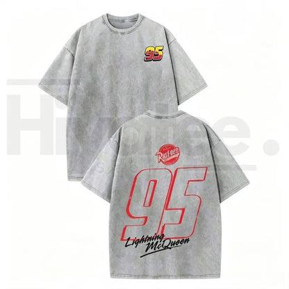 Heavyweight Vintage Washed Racing Tee 95 Graphic T Shirt – Retro Motorsport Streetwear Oversized Tee