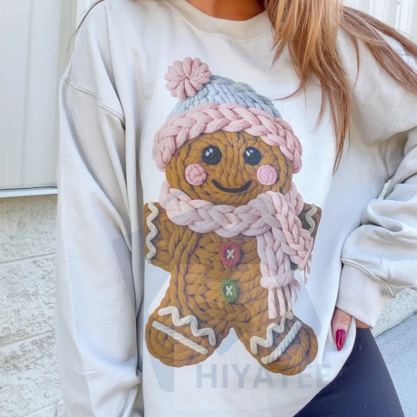 Cute Yarn Gingerbread Graphic Top: Faux Stitch Christmas Sweater, Cozy Holiday Crewneck Pullover, Unisex Festive Apparel