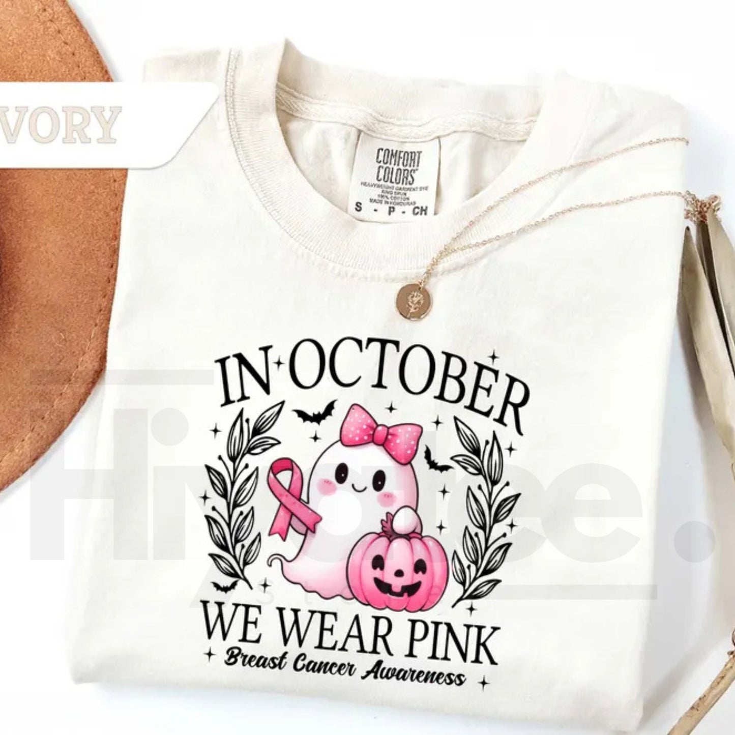 In October We Wear Pink Ghost T-Shirt Breast Cancer Awareness Halloween Tee