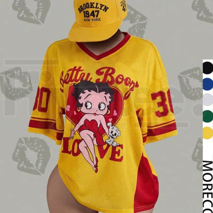 Streetwear Y2K Mesh Breathable American Vintage Doll Print V-Neck Short Sleeve T-Shirt