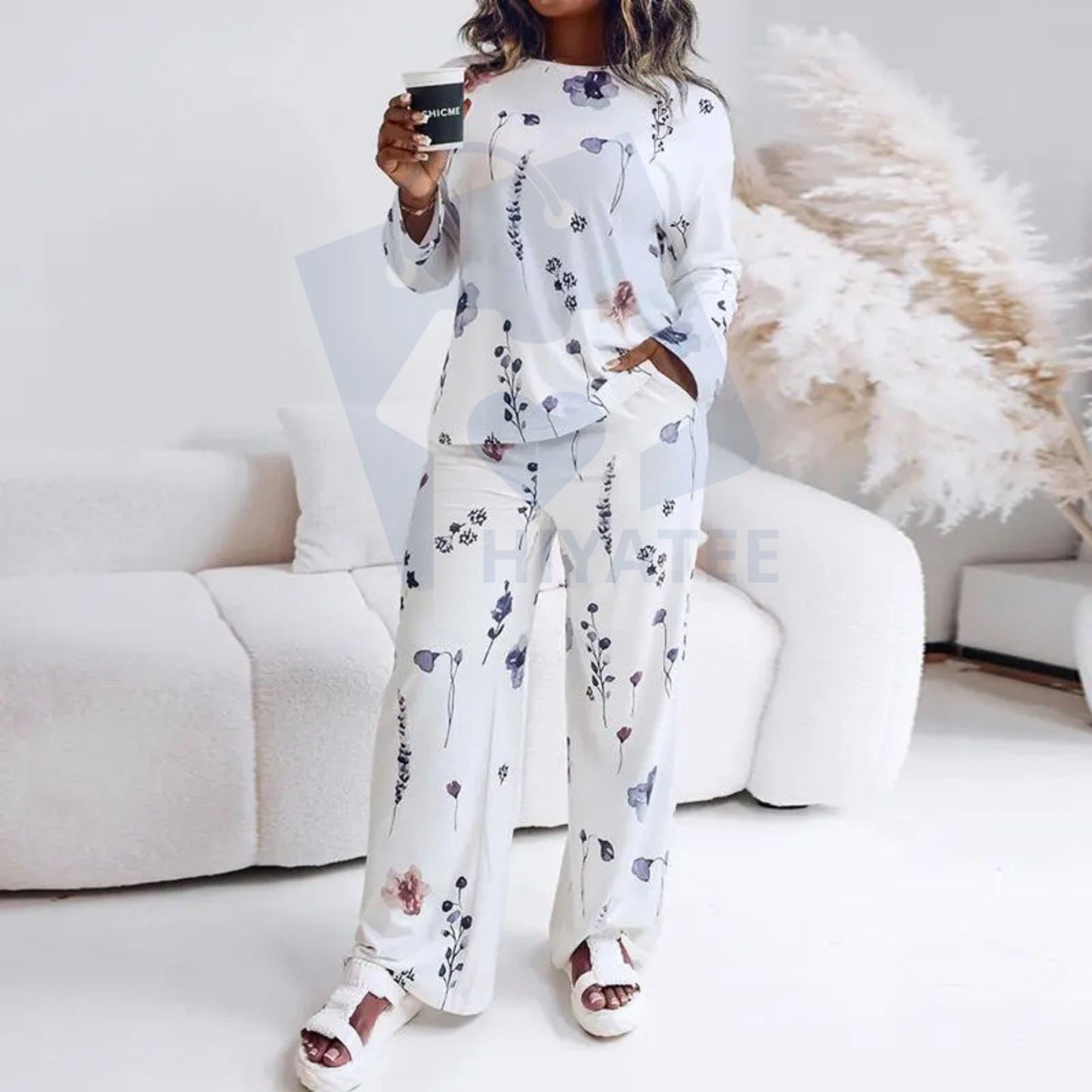 ChicMe Floral Print Satin-Feel Pajama Set with Pockets – Round Neck Long Sleeve Top & Casual Pants