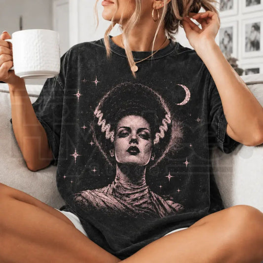 Retro Spooky Celestial Frankenstein & Bride Vintage Acid-Washed T-Shirt – Halloween Oversized Celestial Couple Tee