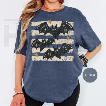 Vintage Bat Halloween T-Shirt Retro Spooky Season Boho Witchy Comfort Colors Tee