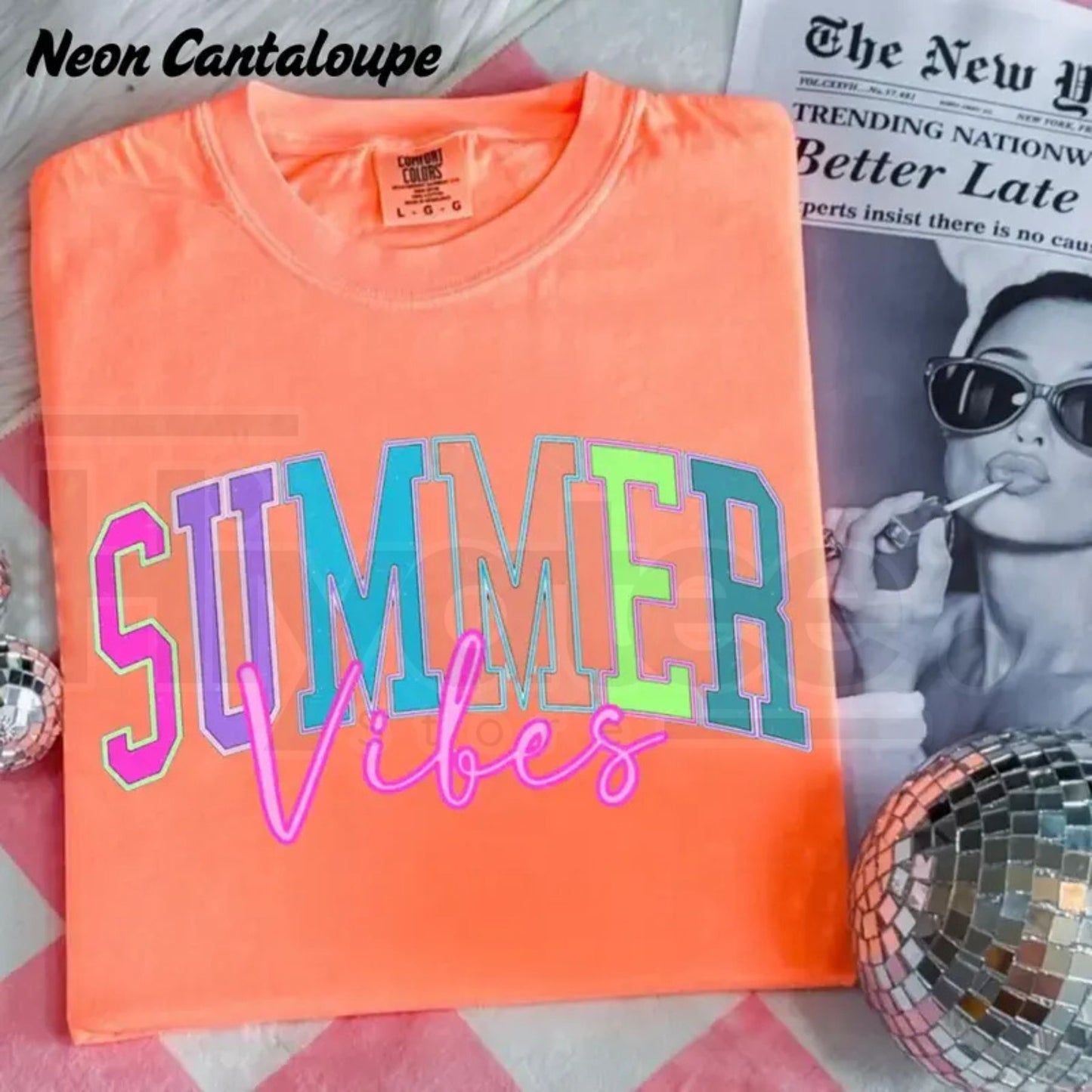 Summer Vibes Retro T-Shirt – Colorful Neon Beach Vacation Graphic Tee, Trendy Cute Gift for Her Casual Daily Outfit Top