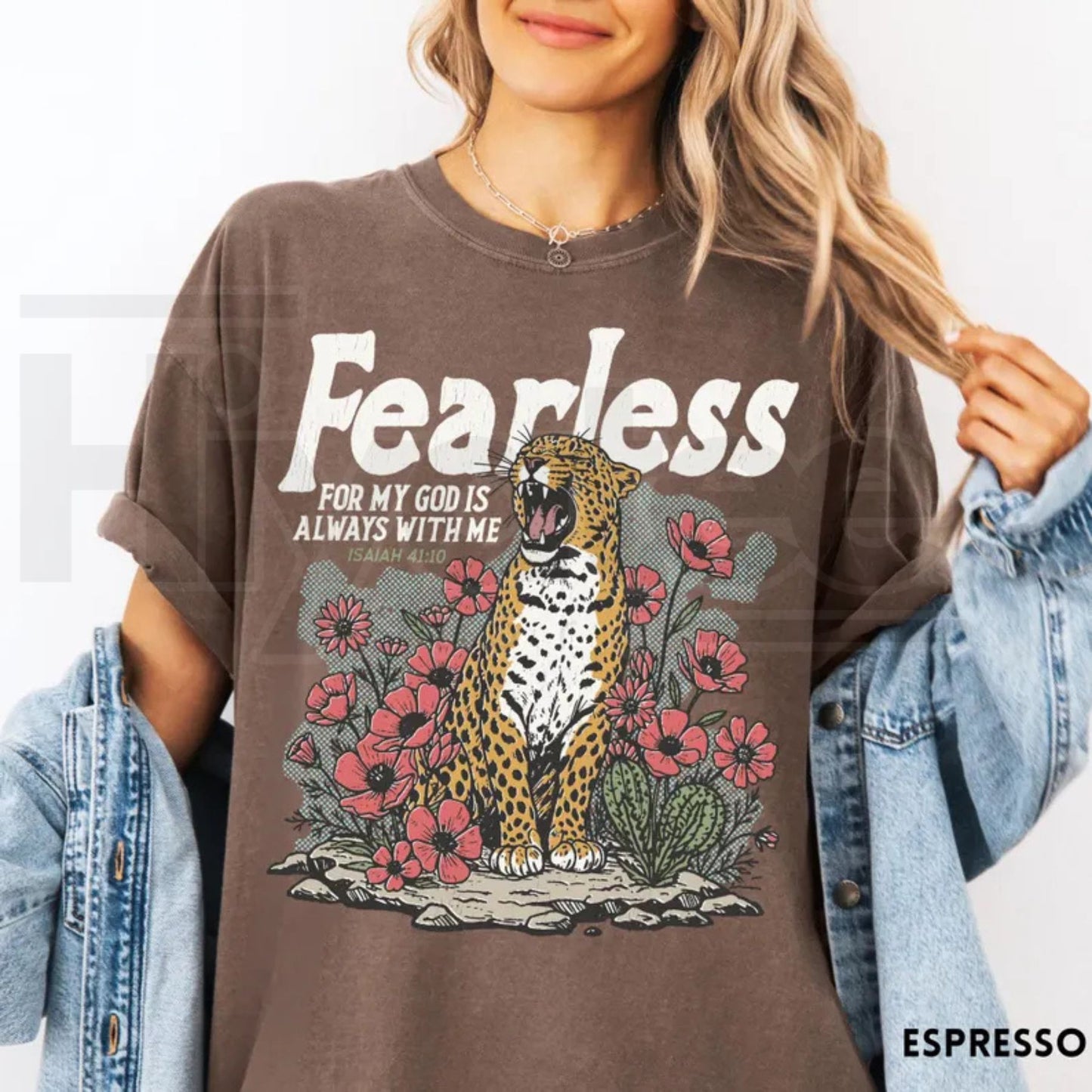 Fearless Bible Verse Comfort Colors T-Shirt Isaiah 41:10 Faith Leopard Shirt