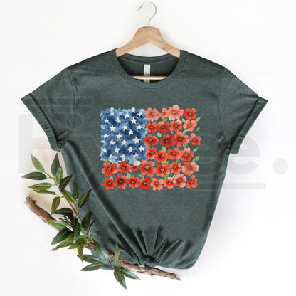 Floral American Flag T-Shirt – Patriotic Red Poppy 4th Of July Women's Tee